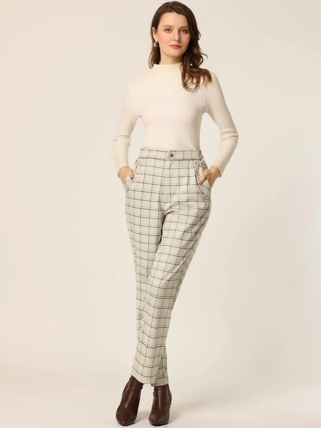 Allegra K Women's Vintage Tartan Plaid Pants Elastic Waist Straight Long Trousers