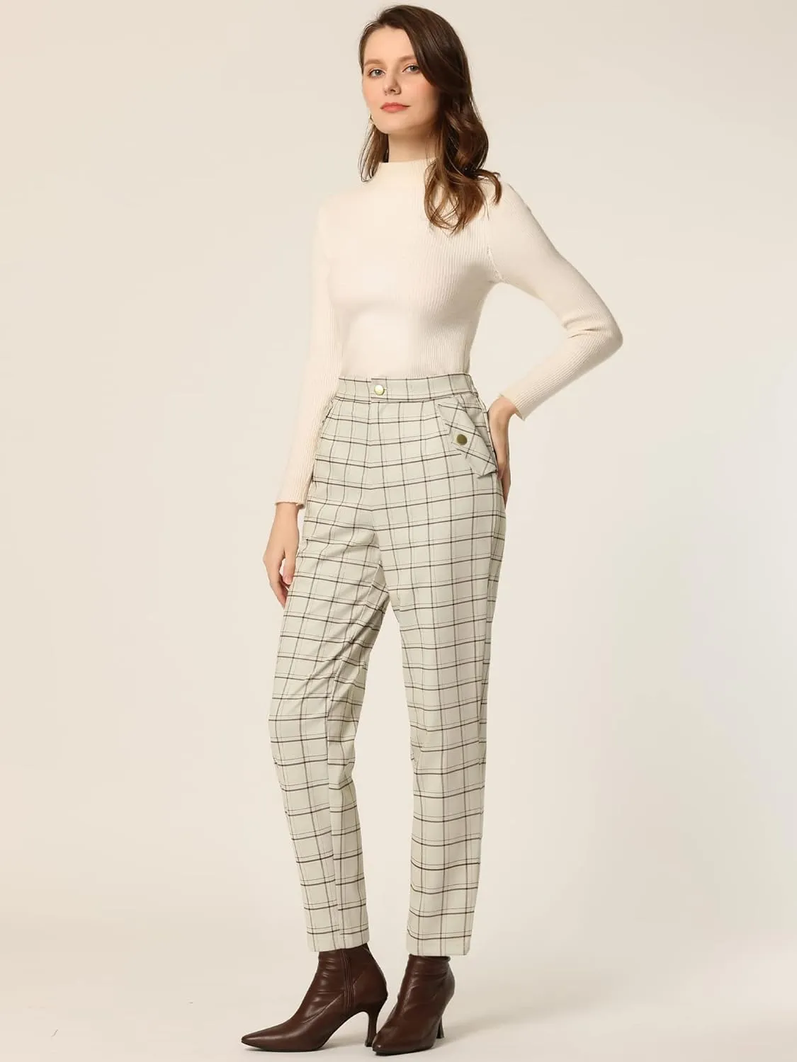 Allegra K Women's Vintage Tartan Plaid Pants Elastic Waist Straight Long Trousers