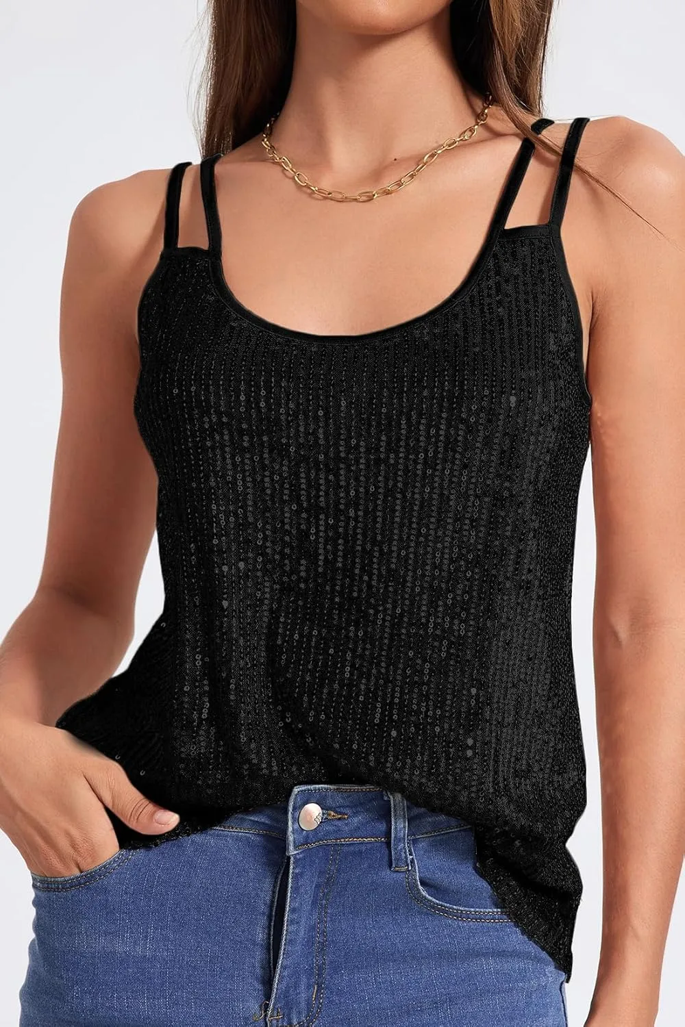 Allimy Womens Strappy Sequin V Neck Tank Tops Sparkle Shimmer Party Club Tank Tops Sleeveless Shirts