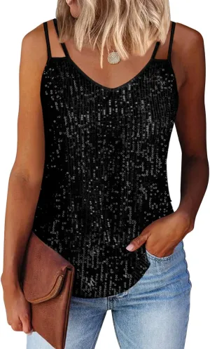 Allimy Womens Strappy Sequin V Neck Tank Tops Sparkle Shimmer Party Club Tank Tops Sleeveless Shirts
