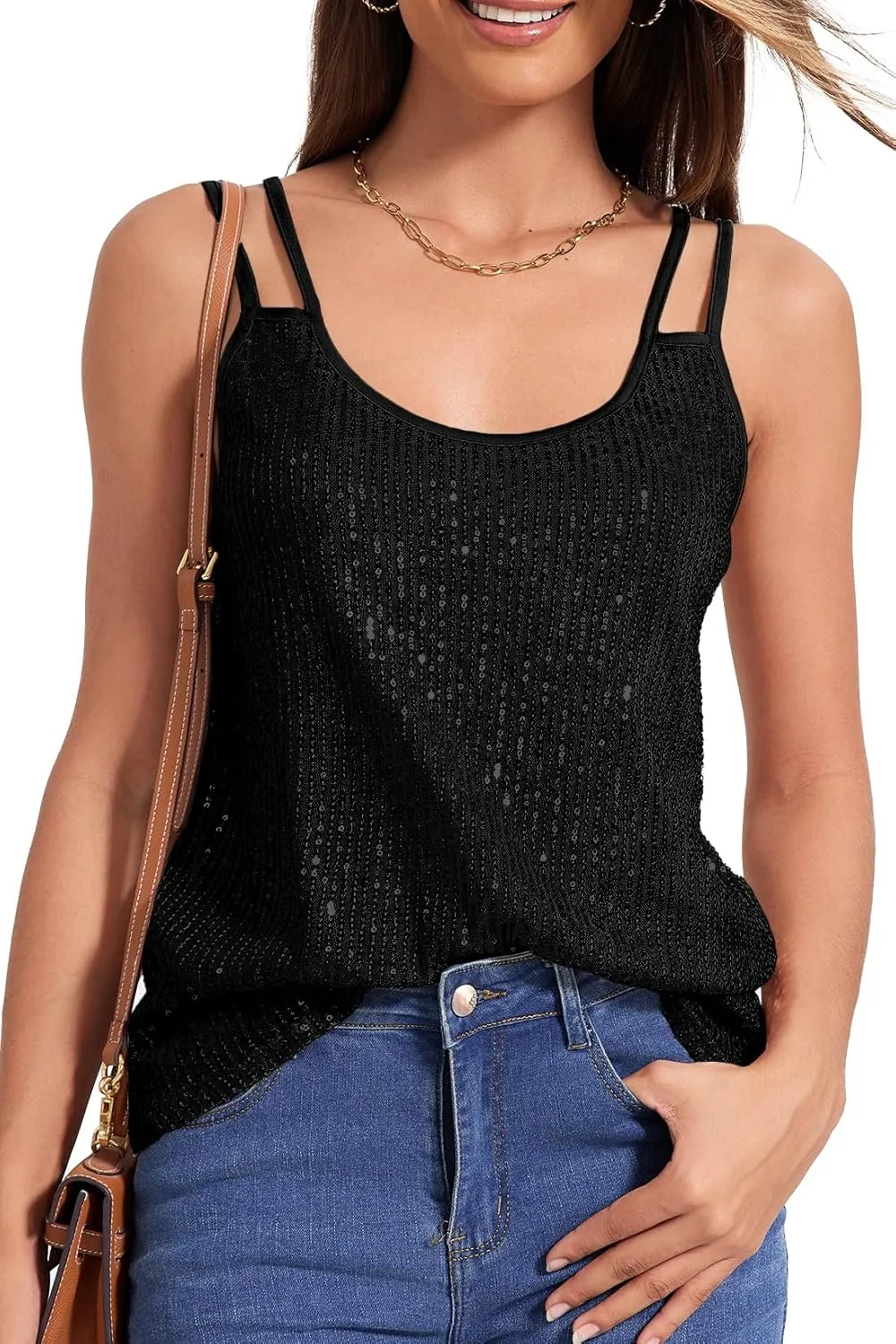 Allimy Womens Strappy Sequin V Neck Tank Tops Sparkle Shimmer Party Club Tank Tops Sleeveless Shirts
