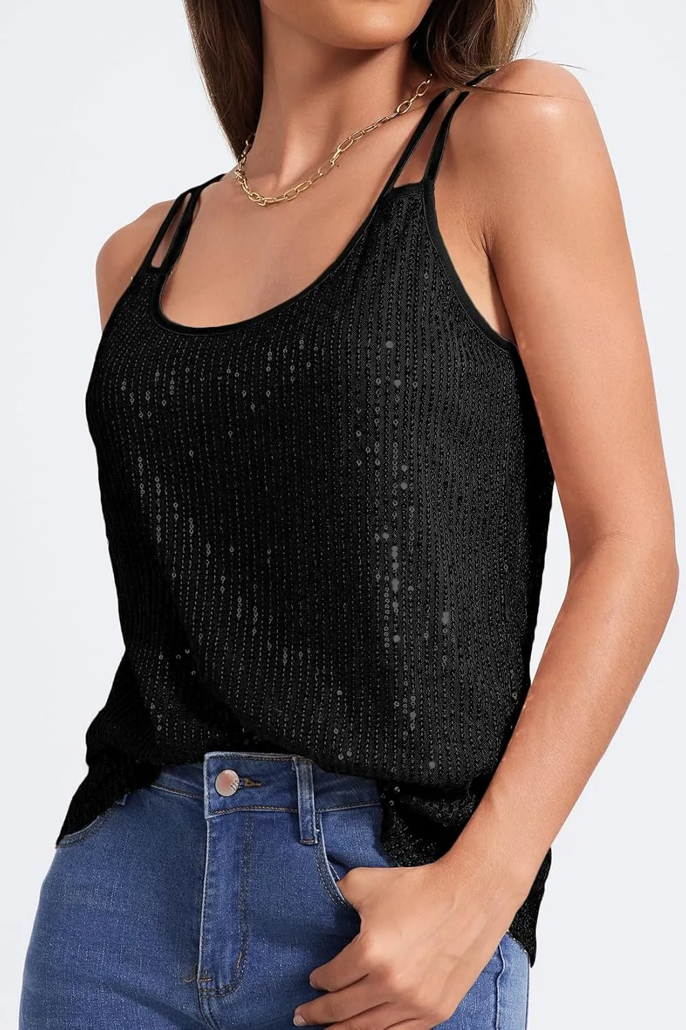 Allimy Womens Strappy Sequin V Neck Tank Tops Sparkle Shimmer Party Club Tank Tops Sleeveless Shirts