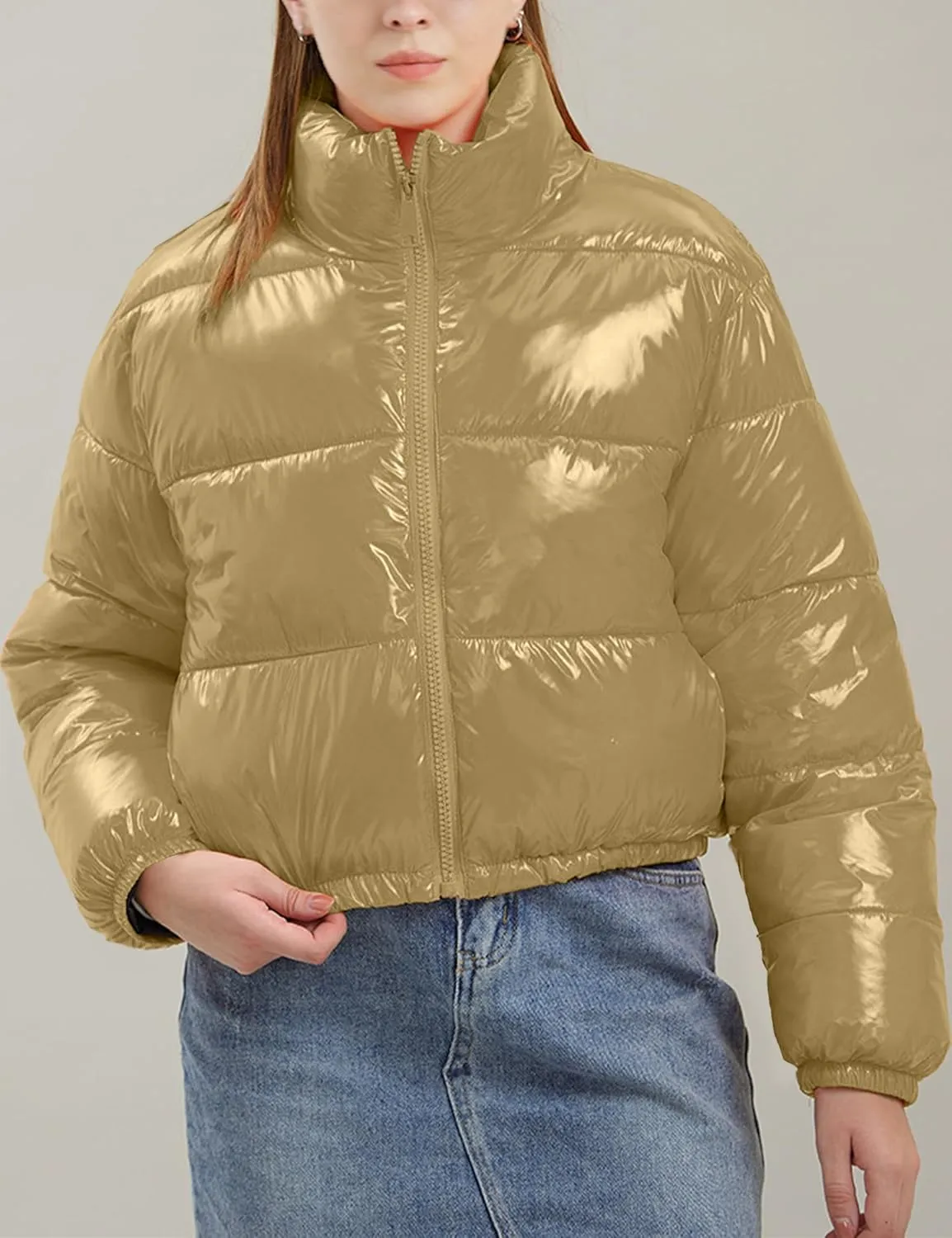 AMEBELLE Women Winter Warm Stand Collar Slim Fit Cropped Puffer Down Jacket Coats