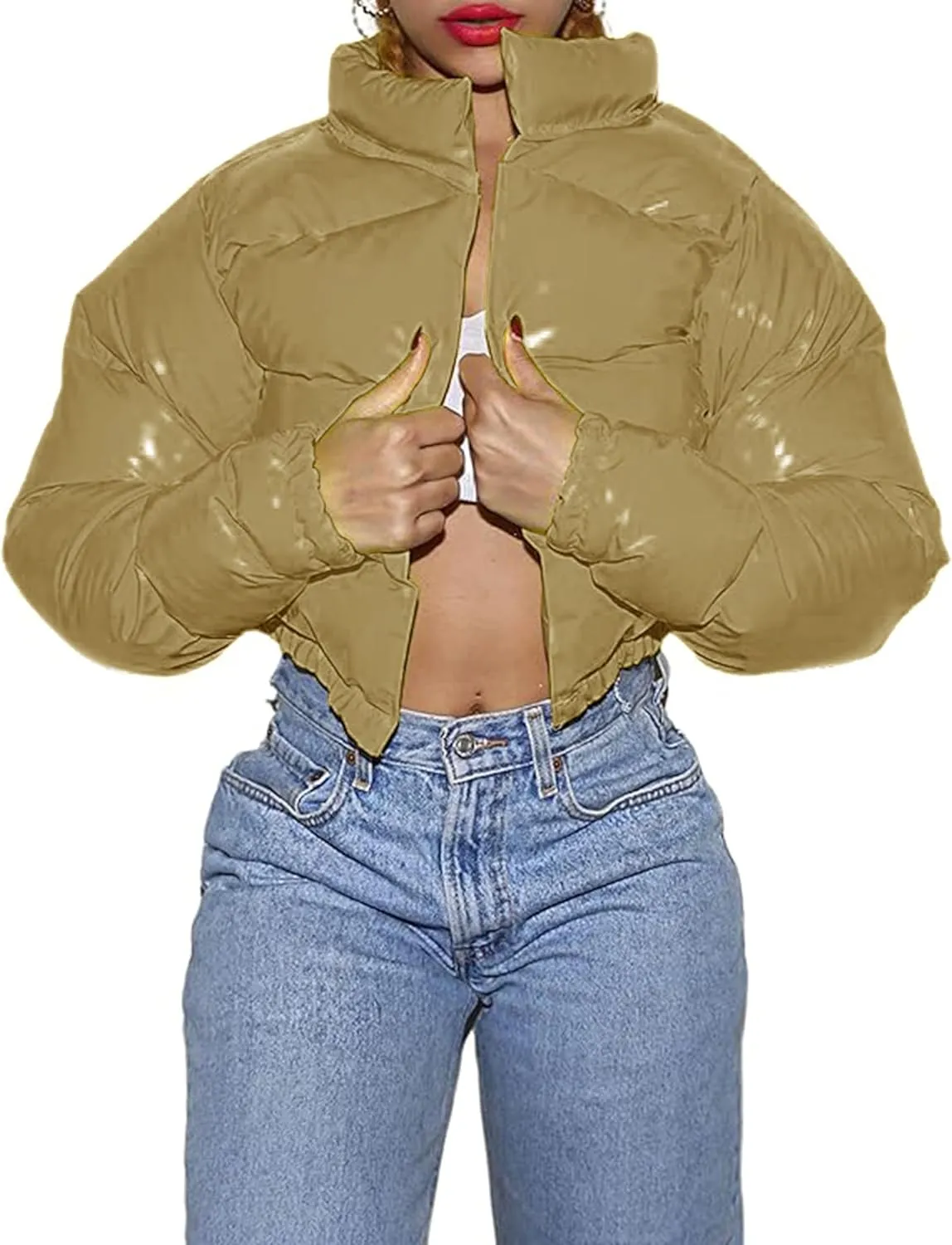 AMEBELLE Women Winter Warm Stand Collar Slim Fit Cropped Puffer Down Jacket Coats