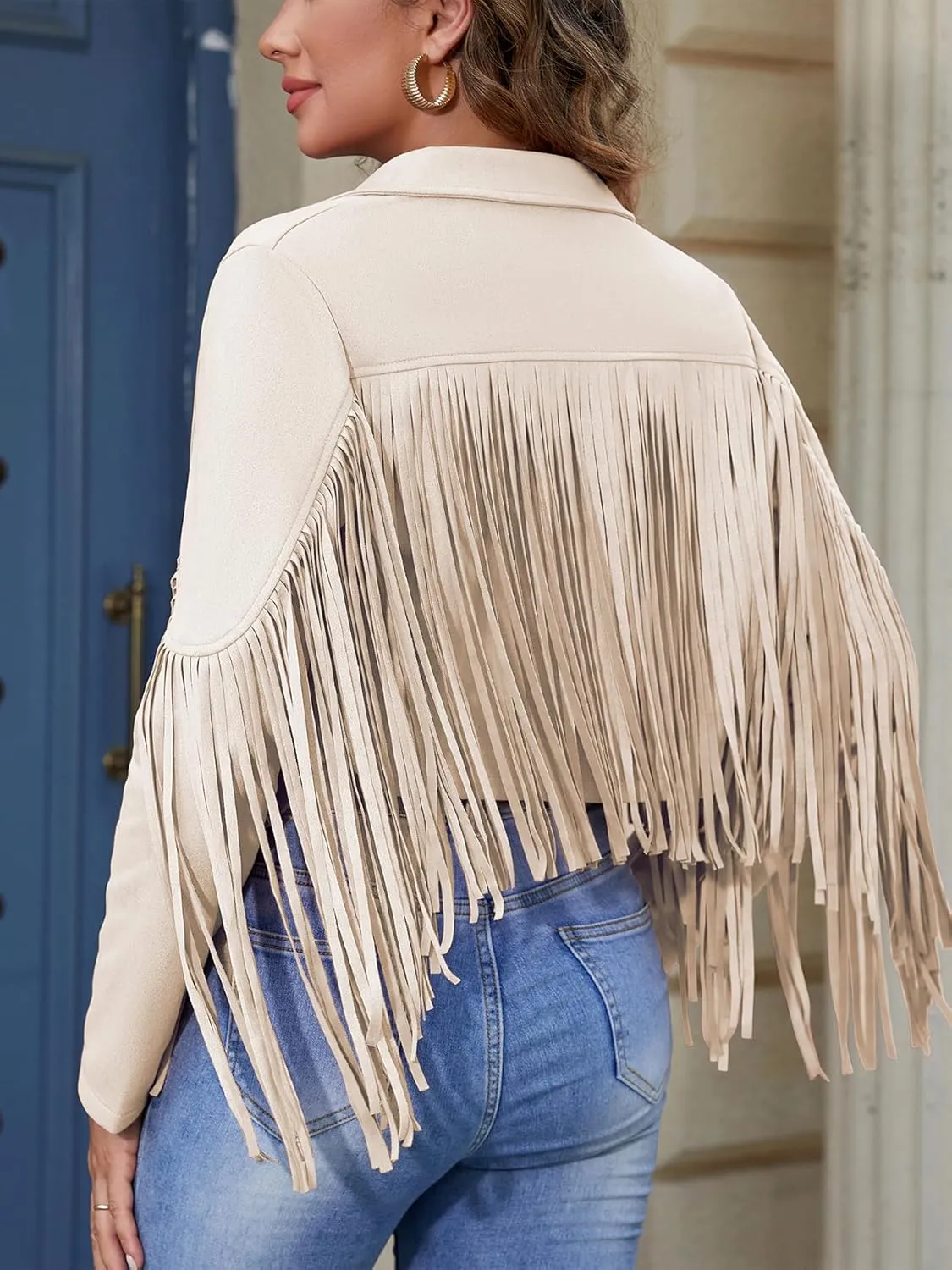American Trends Womens Casual Faux Leather Jacket Fringe Tops Tassel Suede Cropped Coats Motorcycle Jacket