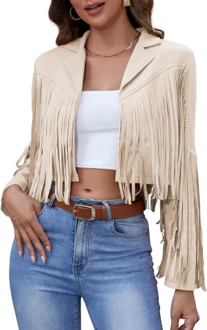 American Trends Womens Casual Faux Leather Jacket Fringe Tops Tassel Suede Cropped Coats Motorcycle Jacket