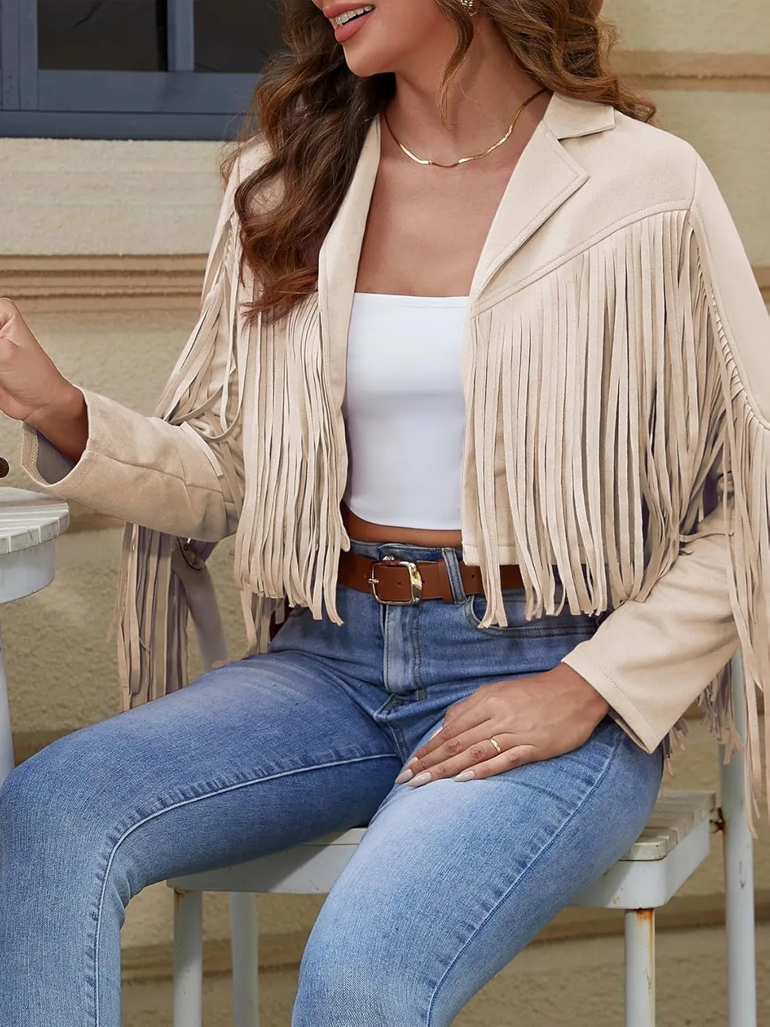 American Trends Womens Casual Faux Leather Jacket Fringe Tops Tassel Suede Cropped Coats Motorcycle Jacket