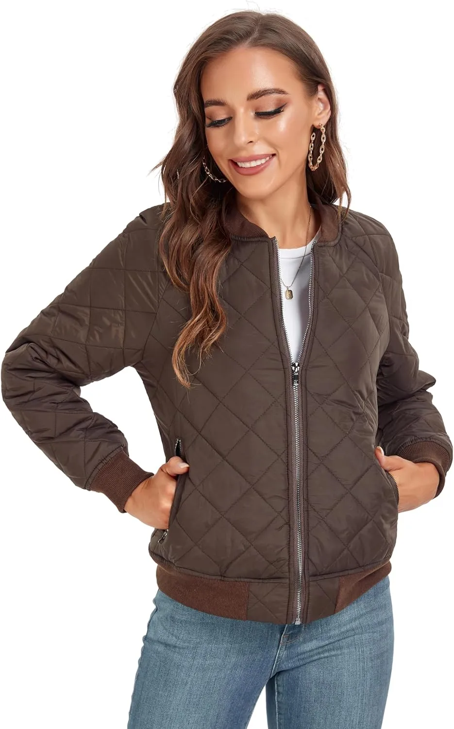 andy & natalie Women's Bomber Jacket Fashion Quilted Casual Lightweight Bomber Jakcets Zip up Outerwear Jacket with Pockets