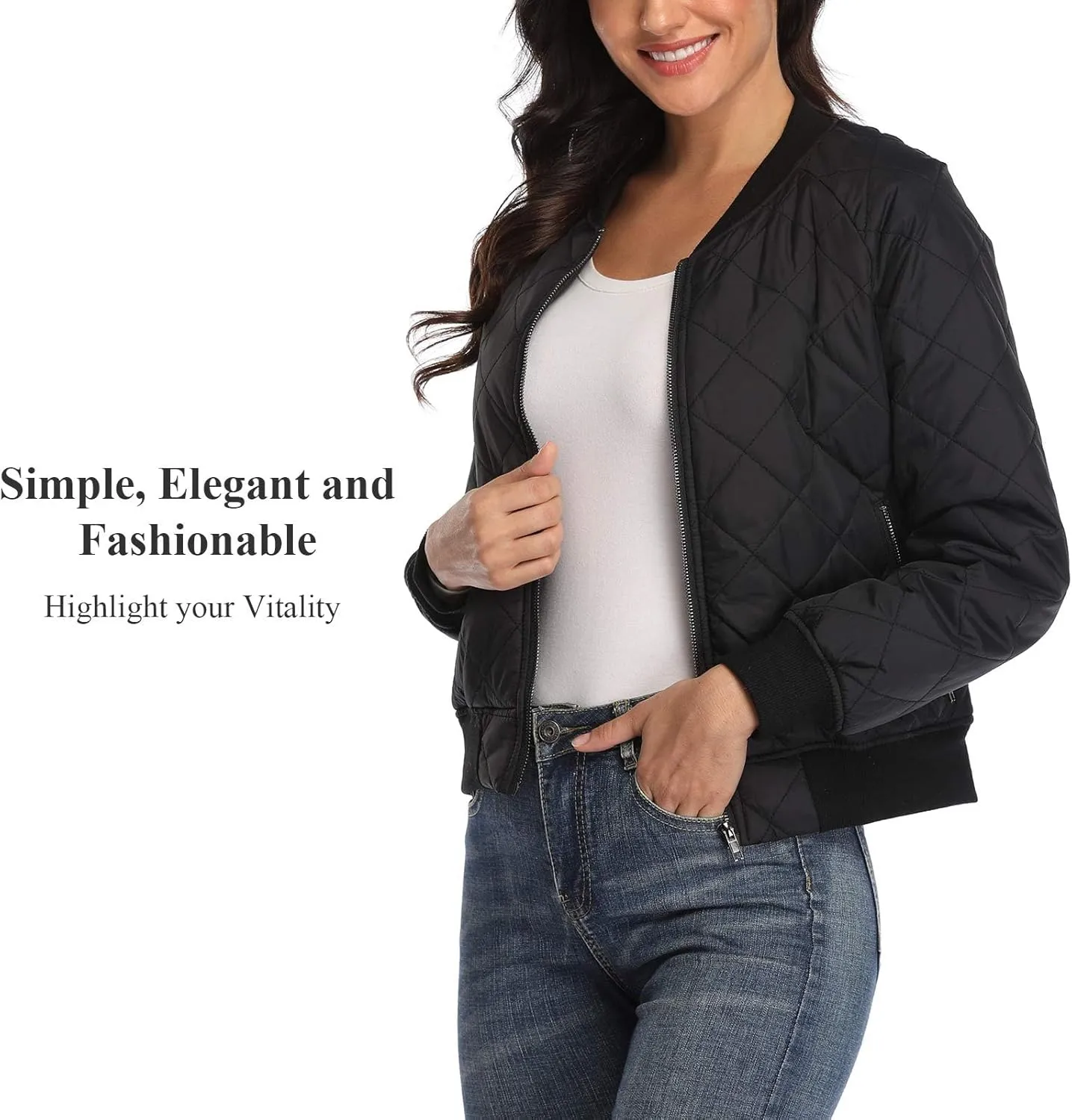 andy & natalie Women's Bomber Jacket Fashion Quilted Casual Lightweight Bomber Jakcets Zip up Outerwear Jacket with Pockets