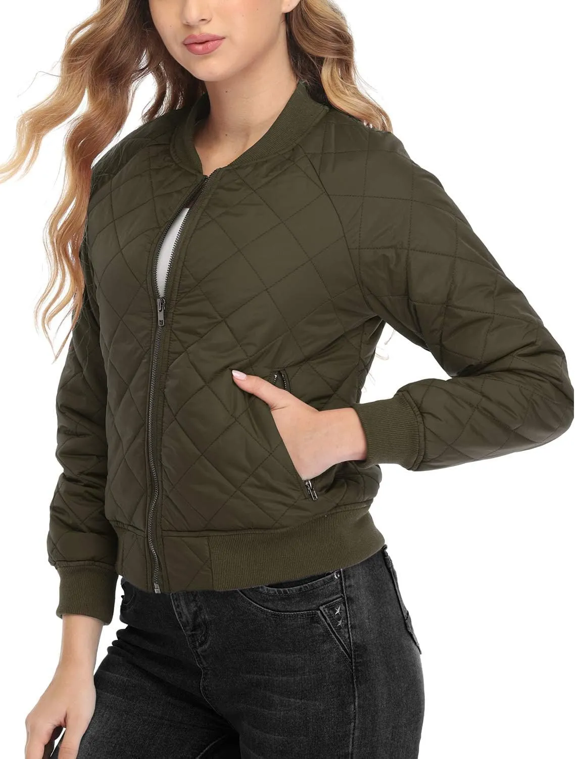 andy & natalie Women's Bomber Jacket Fashion Quilted Casual Lightweight Bomber Jakcets Zip up Outerwear Jacket with Pockets