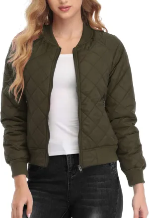 andy & natalie Women's Bomber Jacket Fashion Quilted Casual Lightweight Bomber Jakcets Zip up Outerwear Jacket with Pockets