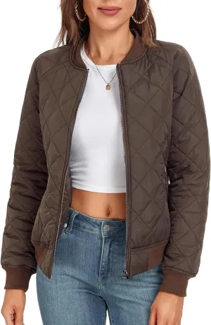 andy & natalie Women's Bomber Jacket Fashion Quilted Casual Lightweight Bomber Jakcets Zip up Outerwear Jacket with Pockets