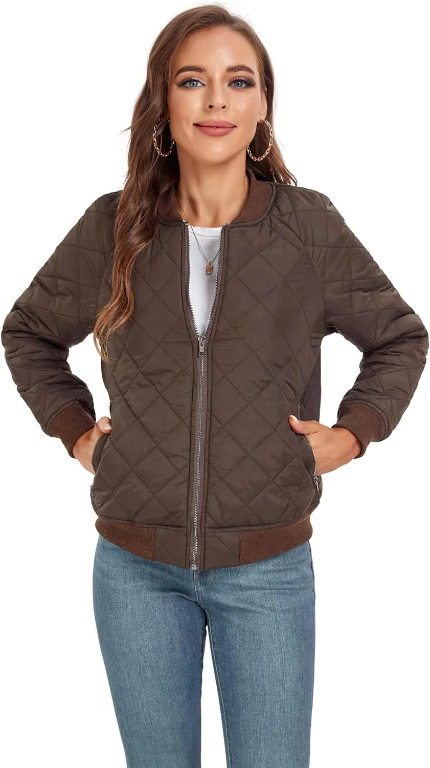 andy & natalie Women's Bomber Jacket Fashion Quilted Casual Lightweight Bomber Jakcets Zip up Outerwear Jacket with Pockets