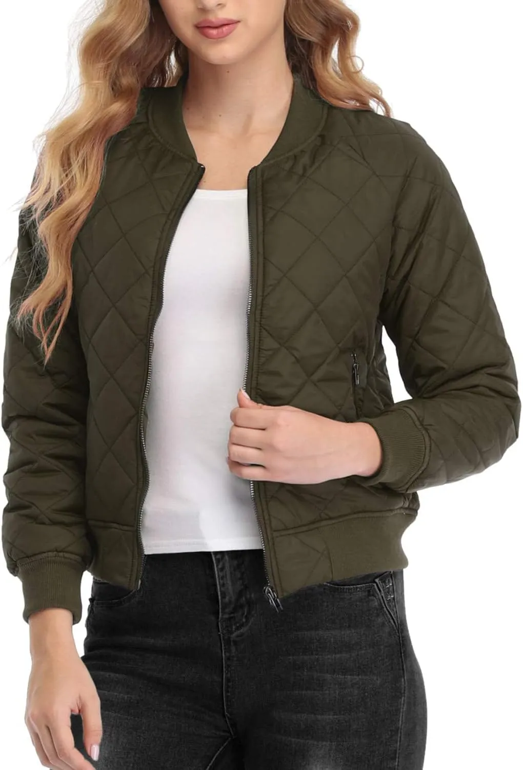andy & natalie Women's Bomber Jacket Fashion Quilted Casual Lightweight Bomber Jakcets Zip up Outerwear Jacket with Pockets