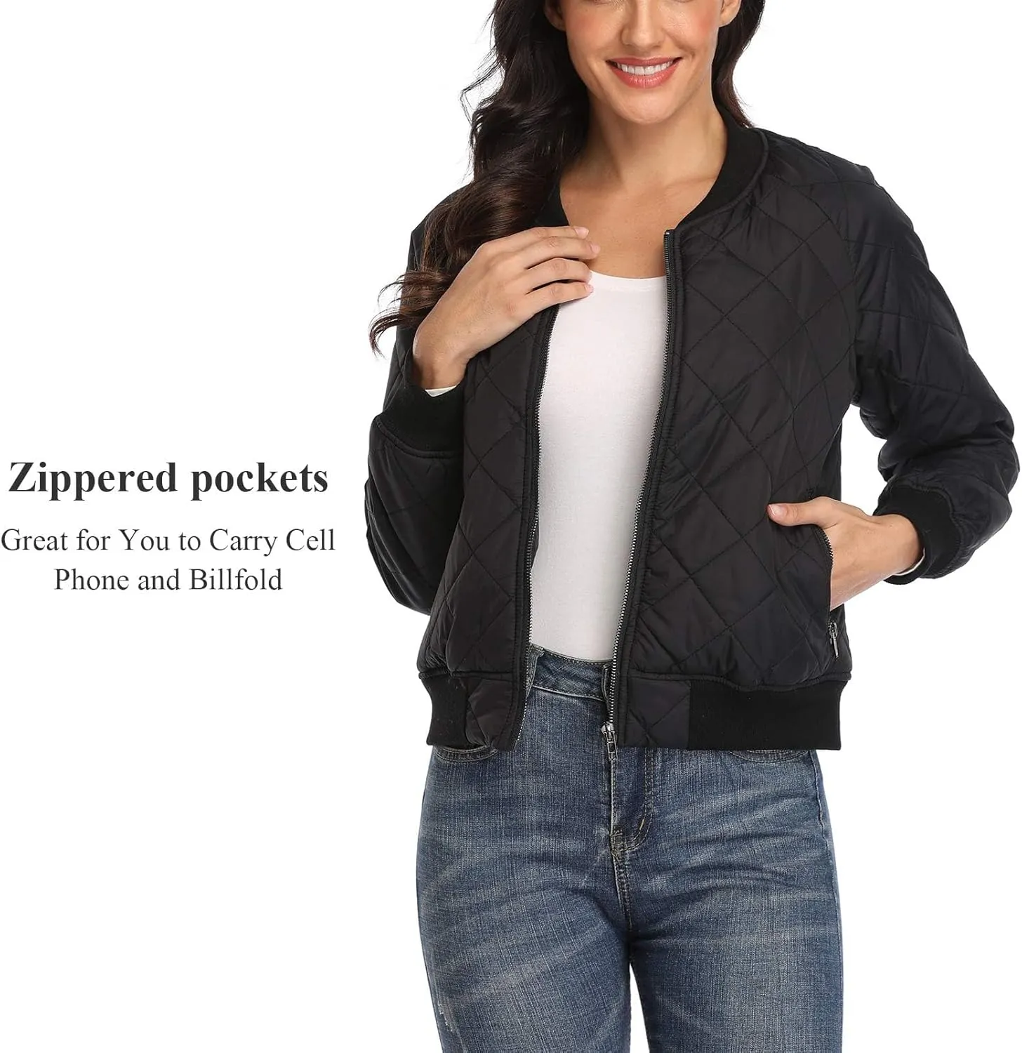 andy & natalie Women's Bomber Jacket Fashion Quilted Casual Lightweight Bomber Jakcets Zip up Outerwear Jacket with Pockets