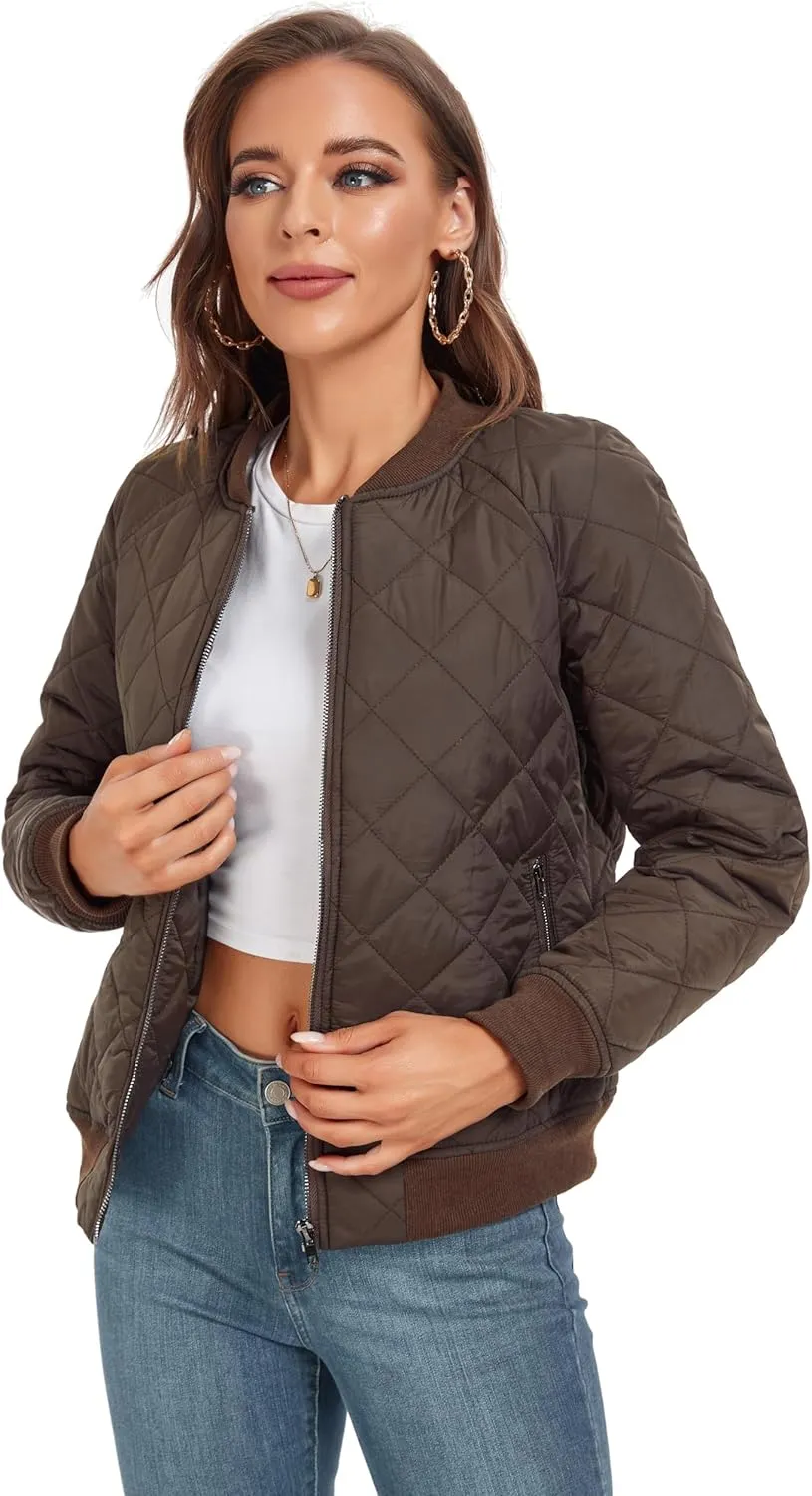 andy & natalie Women's Bomber Jacket Fashion Quilted Casual Lightweight Bomber Jakcets Zip up Outerwear Jacket with Pockets