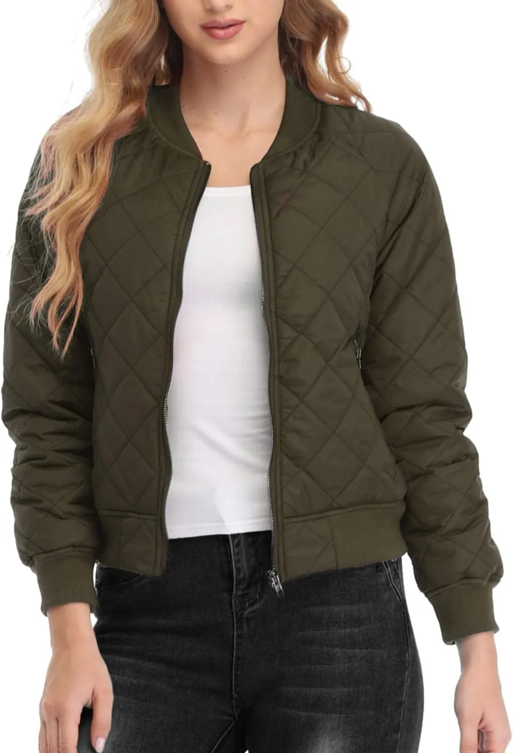 andy & natalie Women's Bomber Jacket Fashion Quilted Casual Lightweight Bomber Jakcets Zip up Outerwear Jacket with Pockets