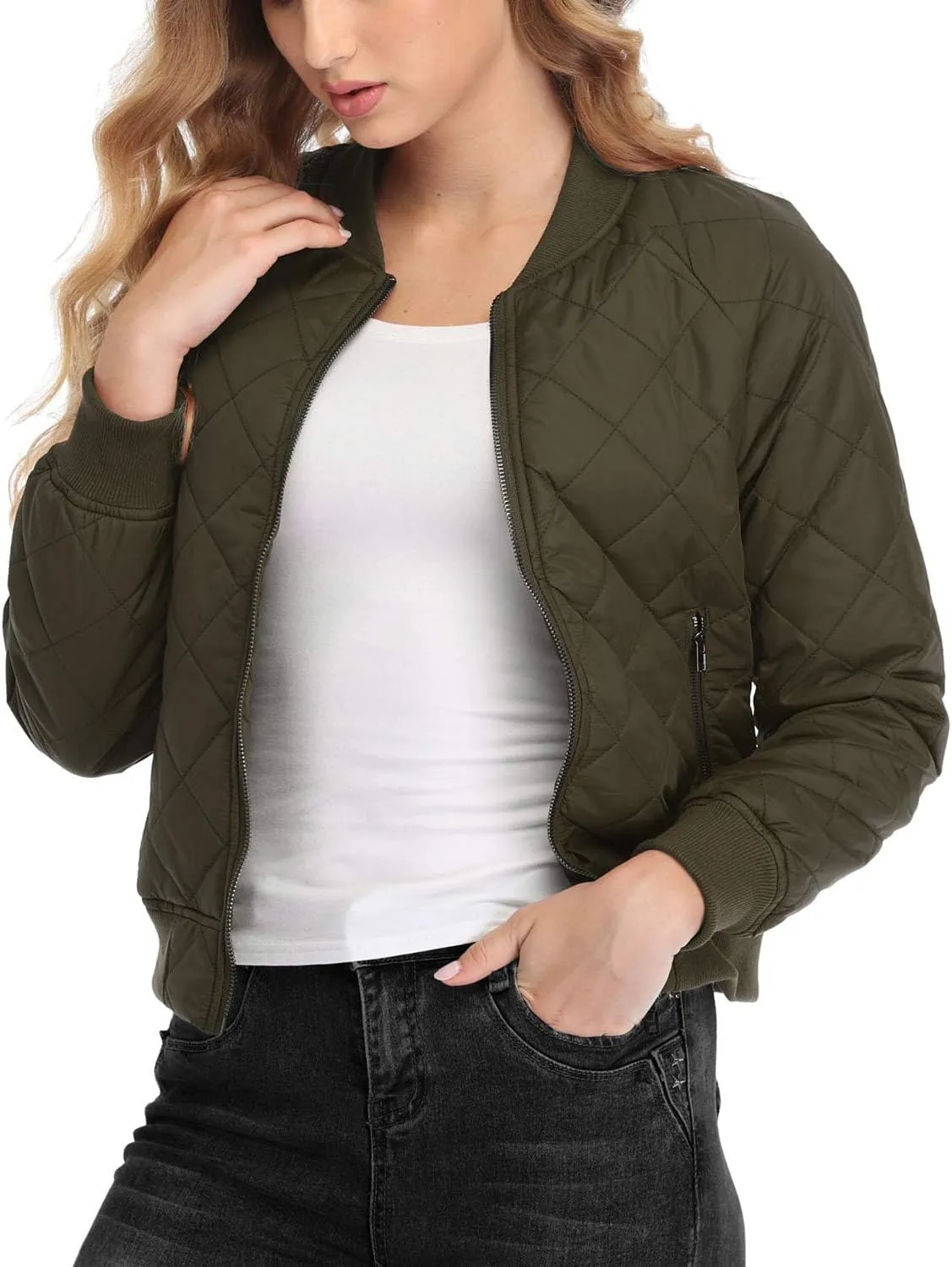andy & natalie Women's Bomber Jacket Fashion Quilted Casual Lightweight Bomber Jakcets Zip up Outerwear Jacket with Pockets