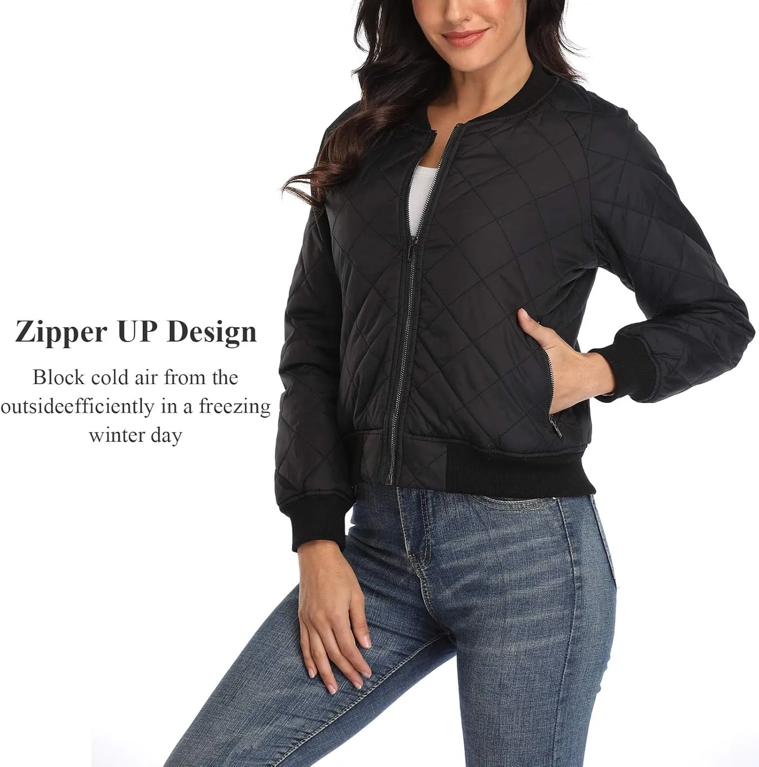 andy & natalie Women's Bomber Jacket Fashion Quilted Casual Lightweight Bomber Jakcets Zip up Outerwear Jacket with Pockets