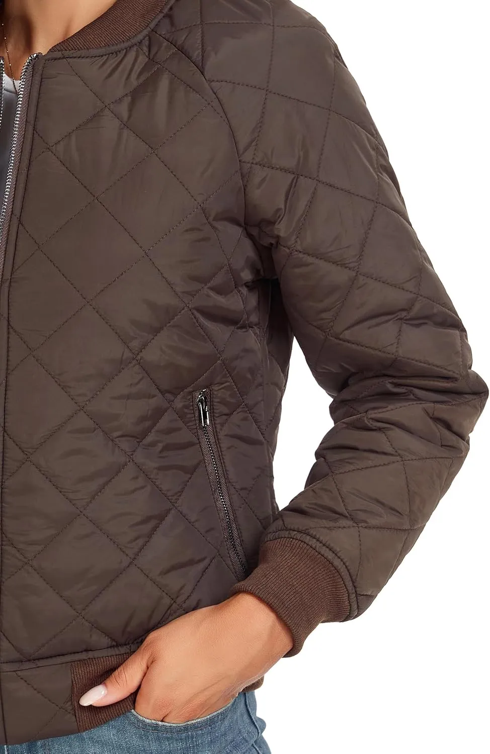 andy & natalie Women's Bomber Jacket Fashion Quilted Casual Lightweight Bomber Jakcets Zip up Outerwear Jacket with Pockets