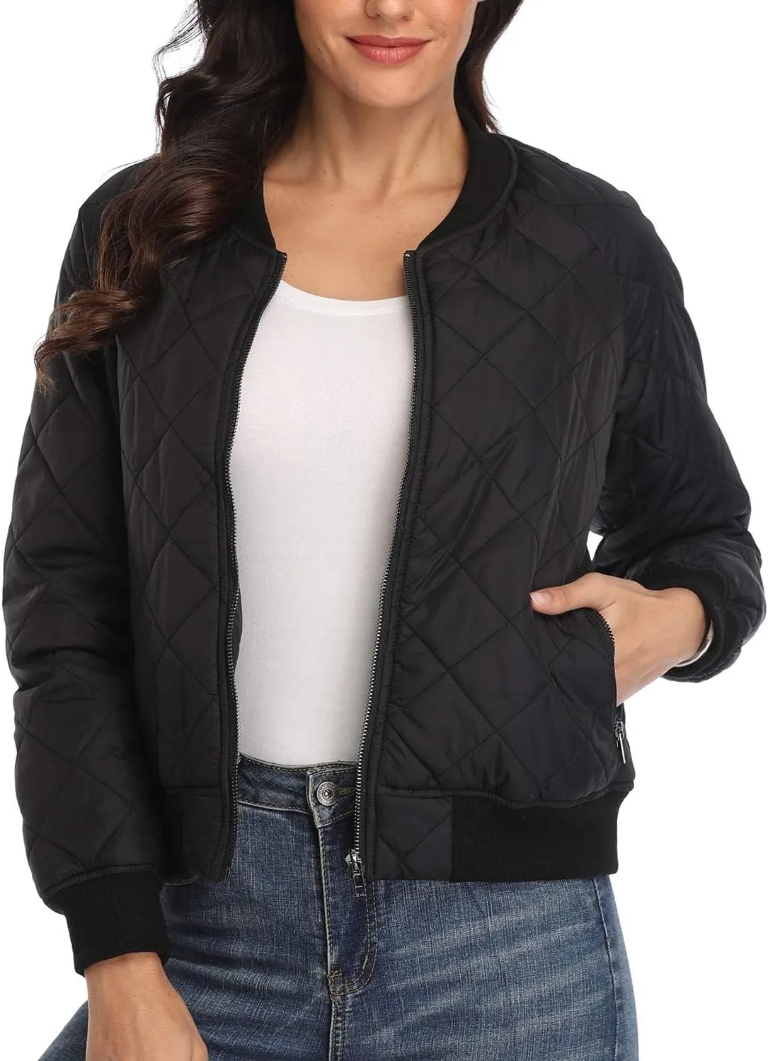 andy & natalie Women's Bomber Jacket Fashion Quilted Casual Lightweight Bomber Jakcets Zip up Outerwear Jacket with Pockets