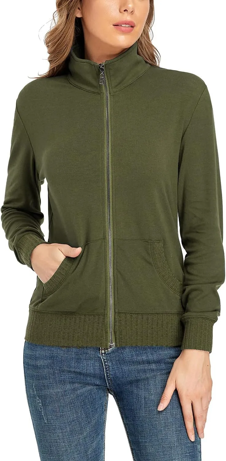 andy & natalie Women's Stand Collar Zip up Long Sleeve Jacket with Pockets Running Sweatshirts Jackets