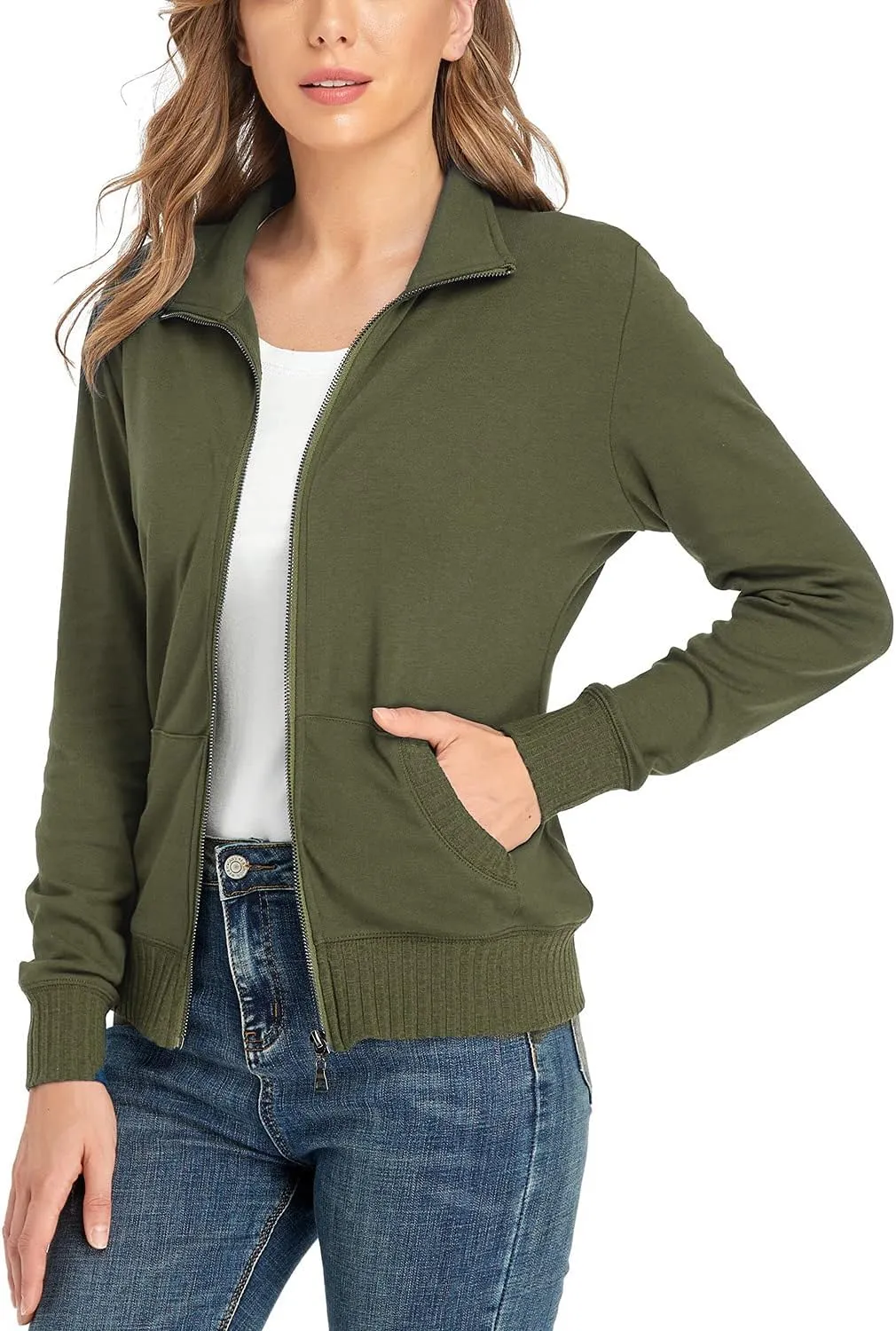 andy & natalie Women's Stand Collar Zip up Long Sleeve Jacket with Pockets Running Sweatshirts Jackets