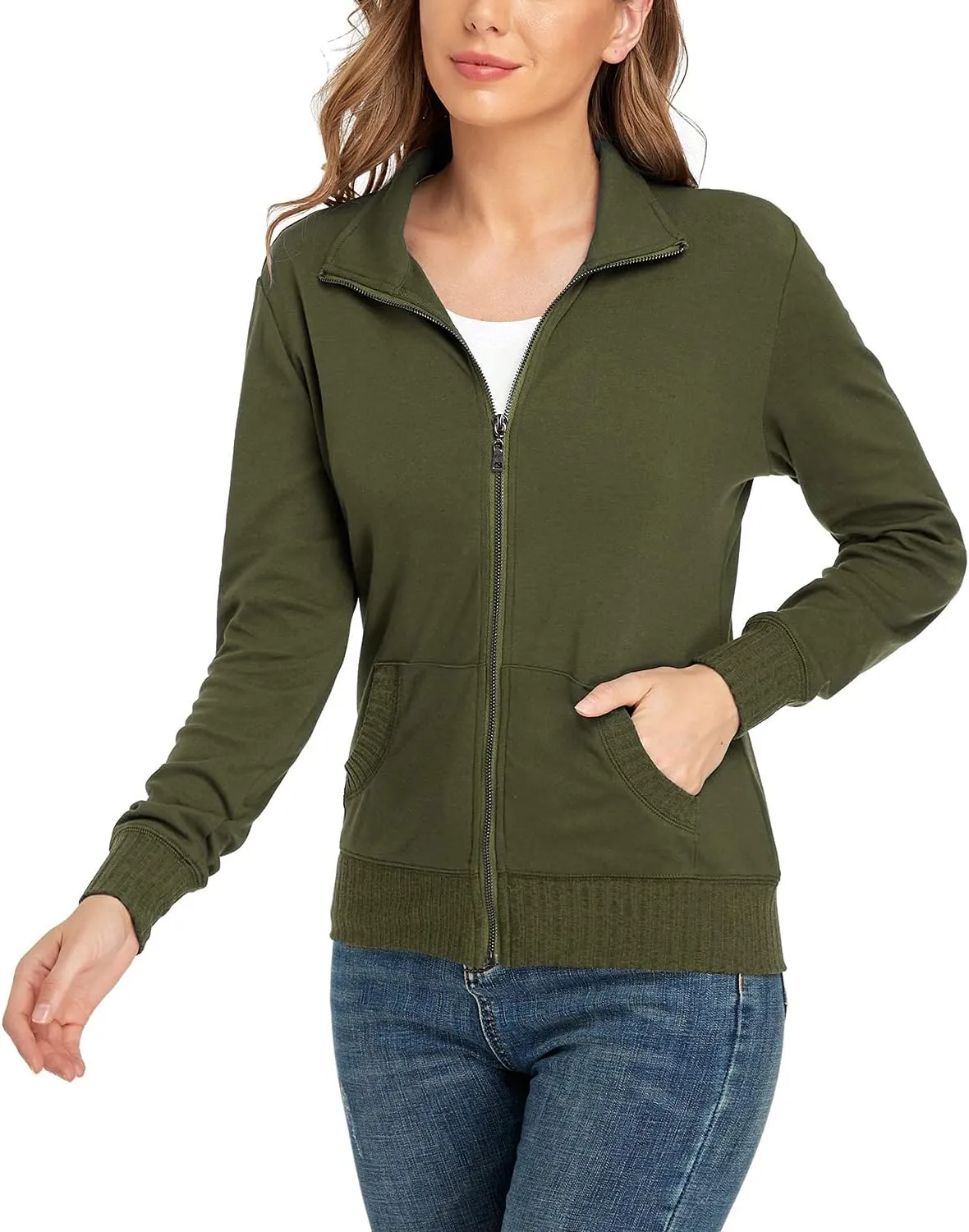 andy & natalie Women's Stand Collar Zip up Long Sleeve Jacket with Pockets Running Sweatshirts Jackets