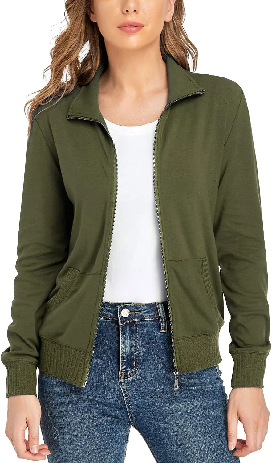 andy & natalie Women's Stand Collar Zip up Long Sleeve Jacket with Pockets Running Sweatshirts Jackets
