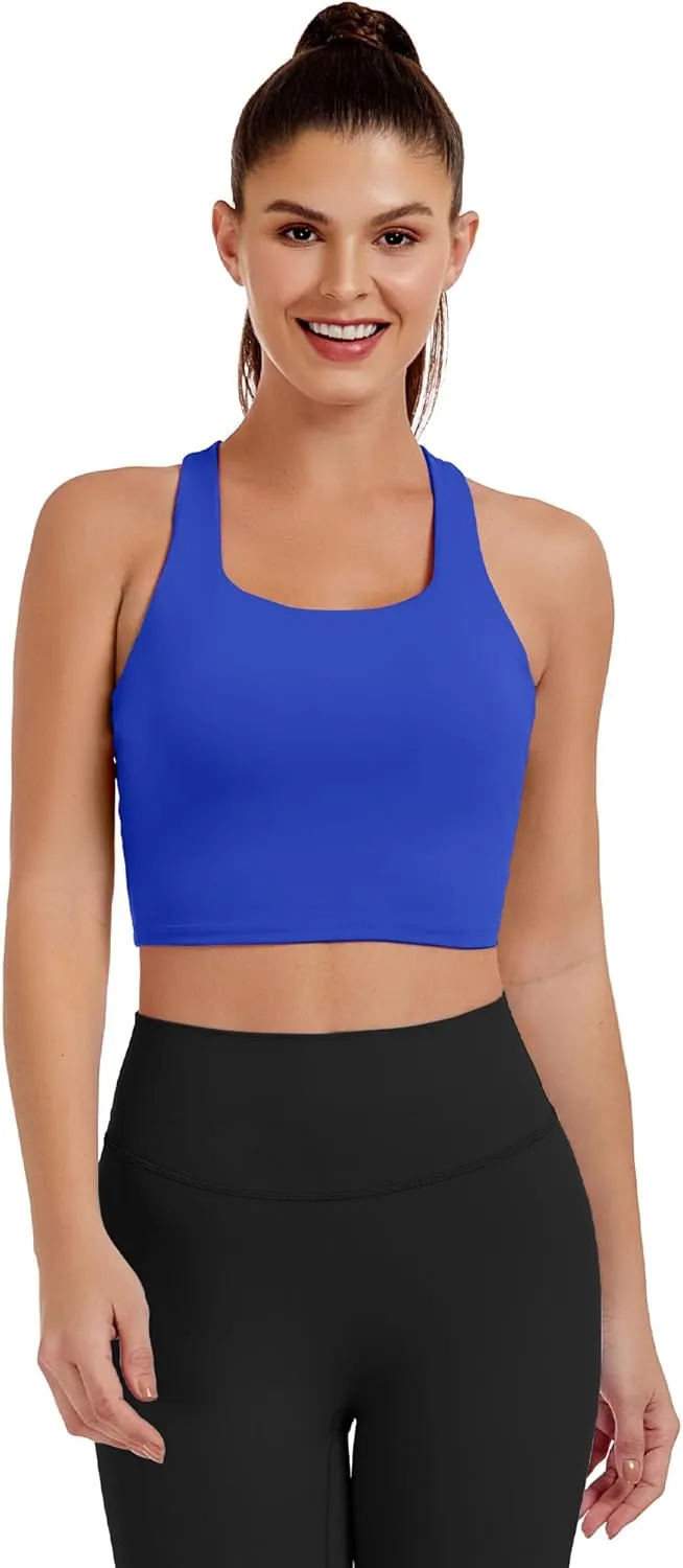 AngiMelo Womens Longline Sports Bra Square Neck Workout Tops Support Crop Tank Strappy Yoga Top Built in Bra Teens