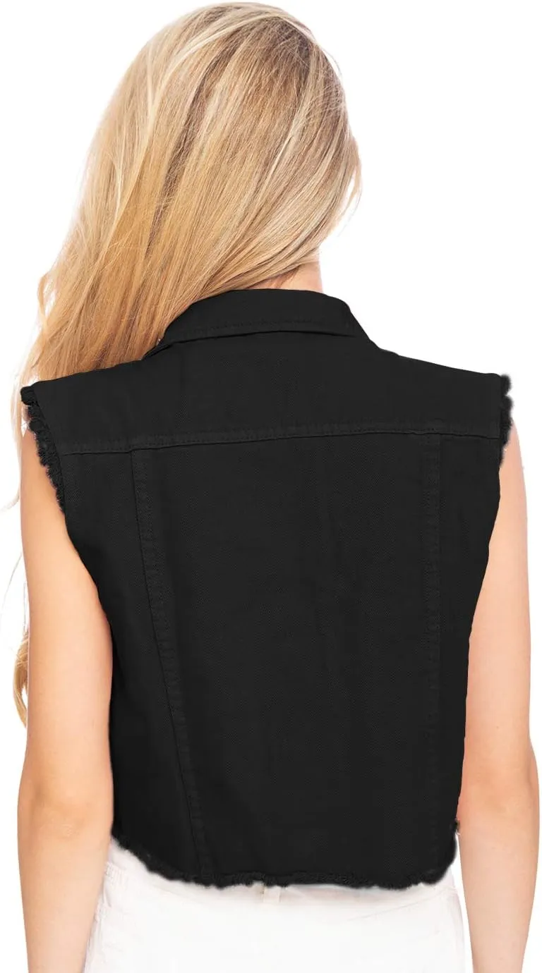 Anna-Kaci Womens Distressed Denim Button Up Sleeveless Crop Vest