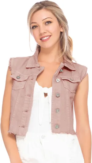 Anna-Kaci Womens Distressed Denim Button Up Sleeveless Crop Vest