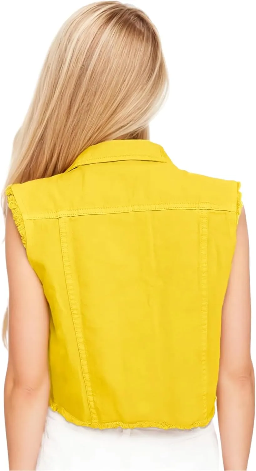 Anna-Kaci Womens Distressed Denim Button Up Sleeveless Crop Vest