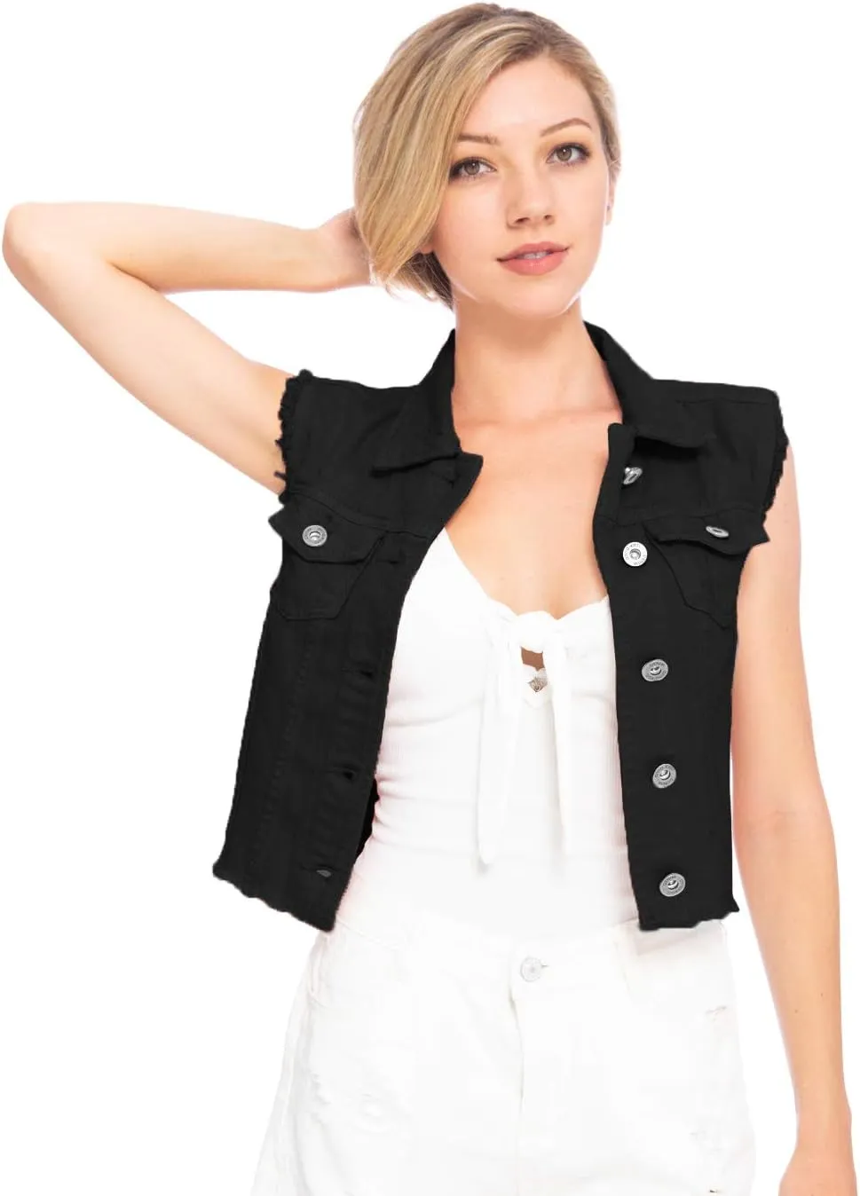 Anna-Kaci Womens Distressed Denim Button Up Sleeveless Crop Vest