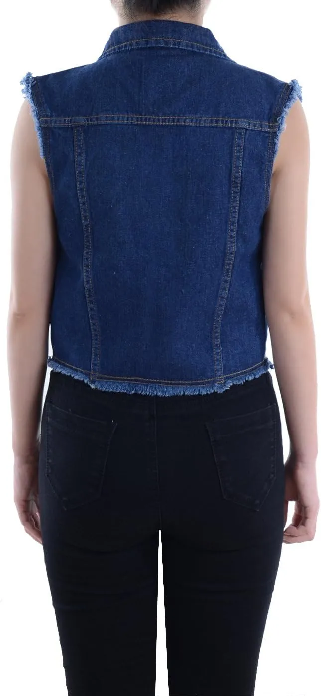 Anna-Kaci Womens Distressed Denim Button Up Sleeveless Crop Vest