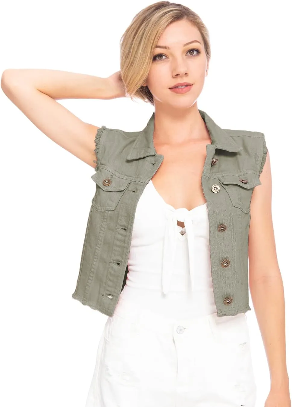 Anna-Kaci Womens Distressed Denim Button Up Sleeveless Crop Vest