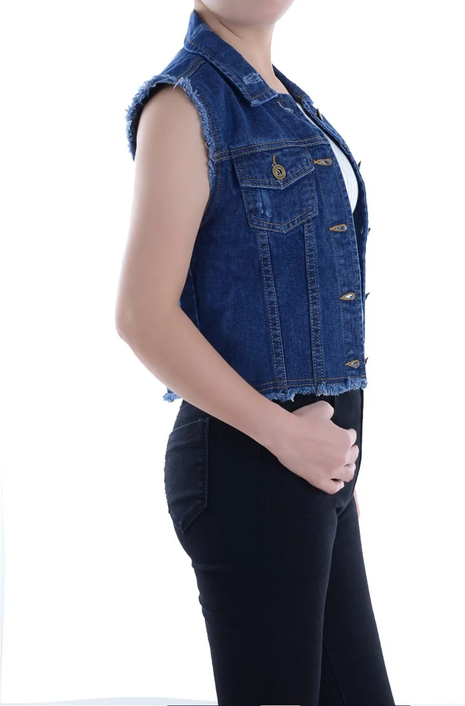 Anna-Kaci Womens Distressed Denim Button Up Sleeveless Crop Vest