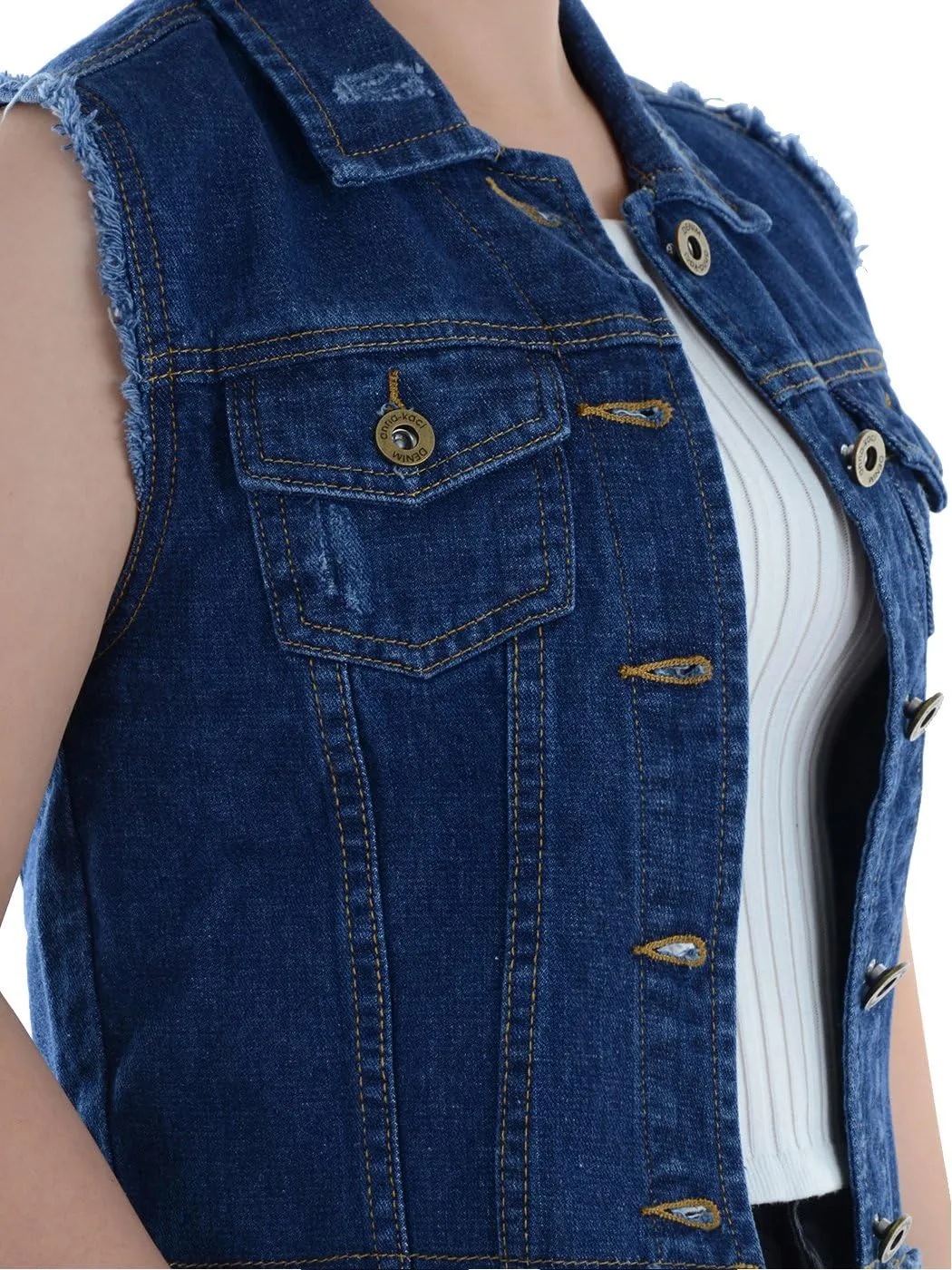 Anna-Kaci Womens Distressed Denim Button Up Sleeveless Crop Vest