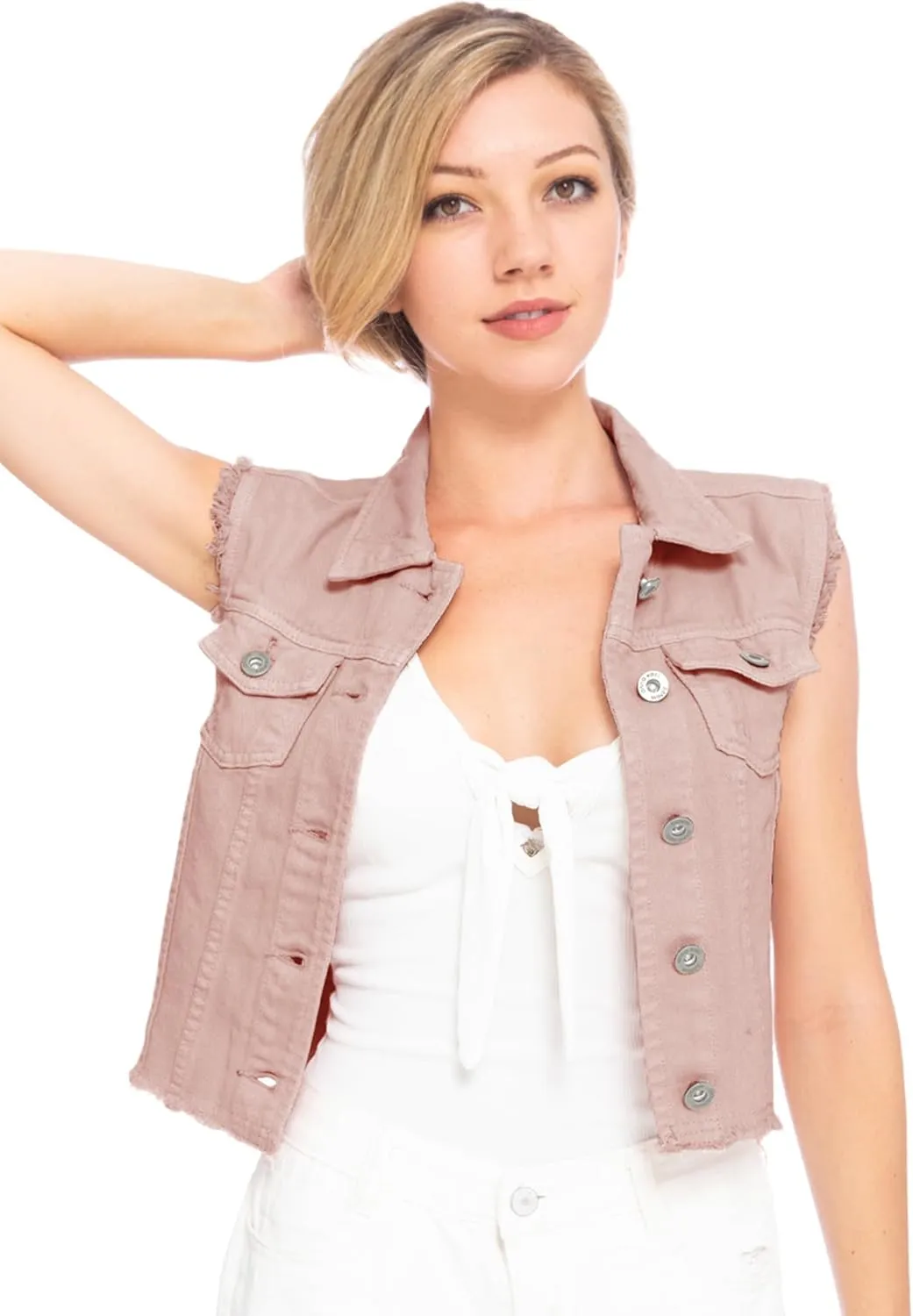 Anna-Kaci Womens Distressed Denim Button Up Sleeveless Crop Vest