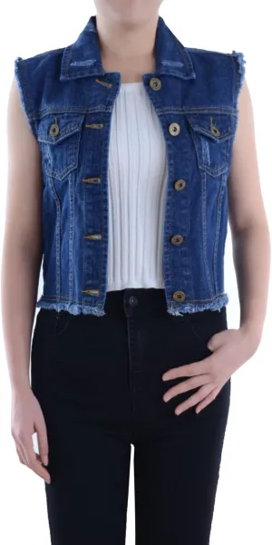 Anna-Kaci Womens Distressed Denim Button Up Sleeveless Crop Vest