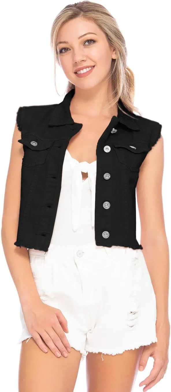 Anna-Kaci Womens Distressed Denim Button Up Sleeveless Crop Vest