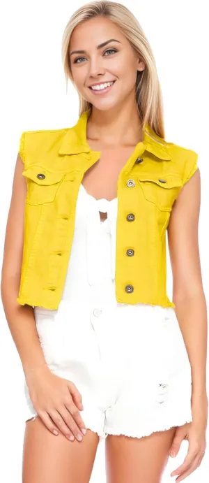 Anna-Kaci Womens Distressed Denim Button Up Sleeveless Crop Vest