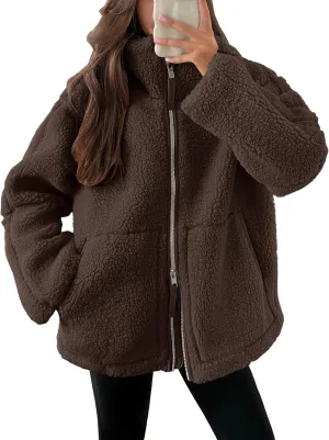 ANRABESS Womens Fleece Jacket Oversized Zip Up Sherpa Fuzzy Casual Coats Winter Fall Outerwear 2024 Clothes with Pockets