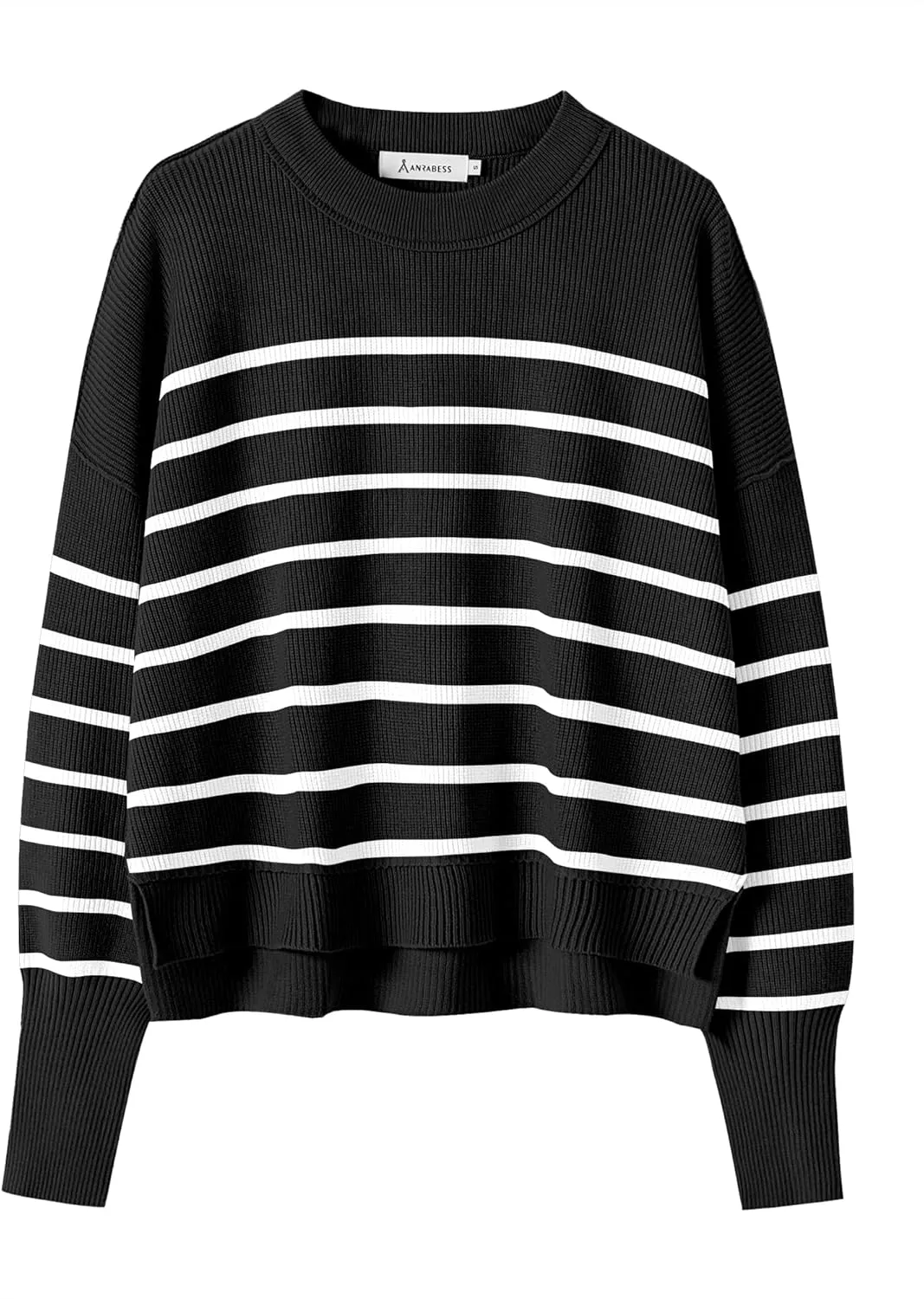 ANRABESS Womens Oversized Crewneck Cropped Sweaters Long Batwing Sleeve Side Slit Ribbed Knit Pullover Tops 2024 Fall Trendy
