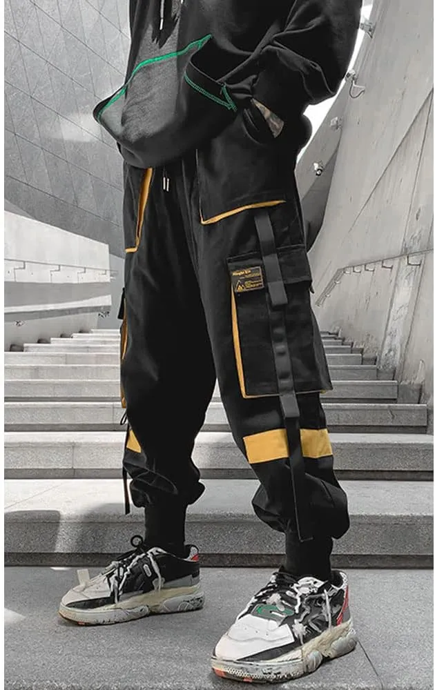 Astellarie Mens Techwear Elastic Waist Jogger Cargo Pants Streetwear Hip Hop Harem Pants with Multi Pockets