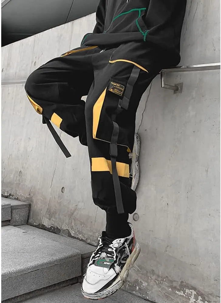 Astellarie Mens Techwear Elastic Waist Jogger Cargo Pants Streetwear Hip Hop Harem Pants with Multi Pockets