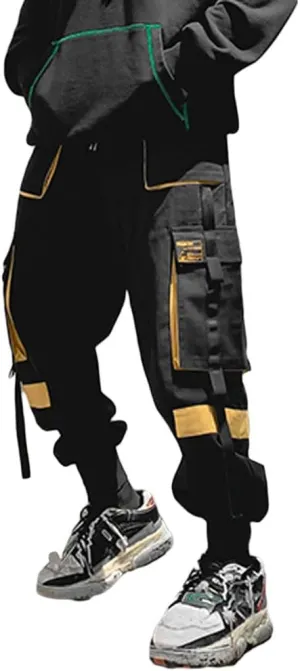 Astellarie Mens Techwear Elastic Waist Jogger Cargo Pants Streetwear Hip Hop Harem Pants with Multi Pockets