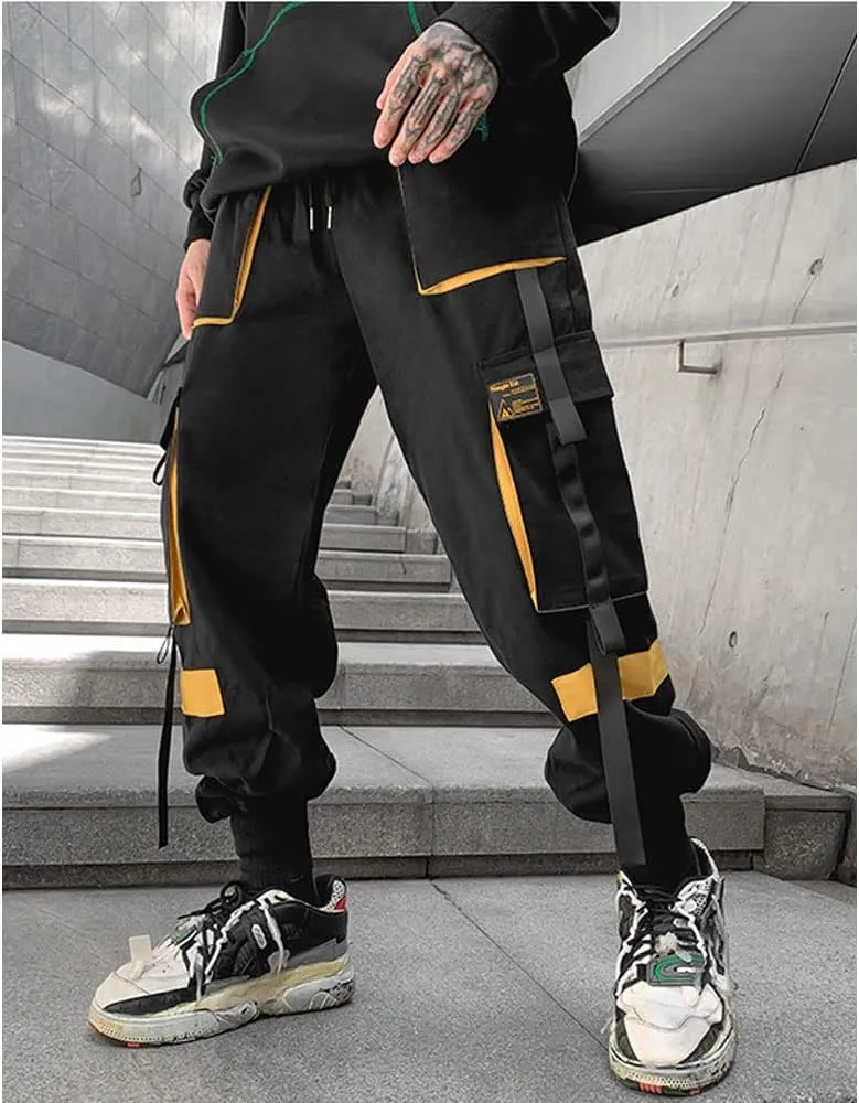 Astellarie Mens Techwear Elastic Waist Jogger Cargo Pants Streetwear Hip Hop Harem Pants with Multi Pockets