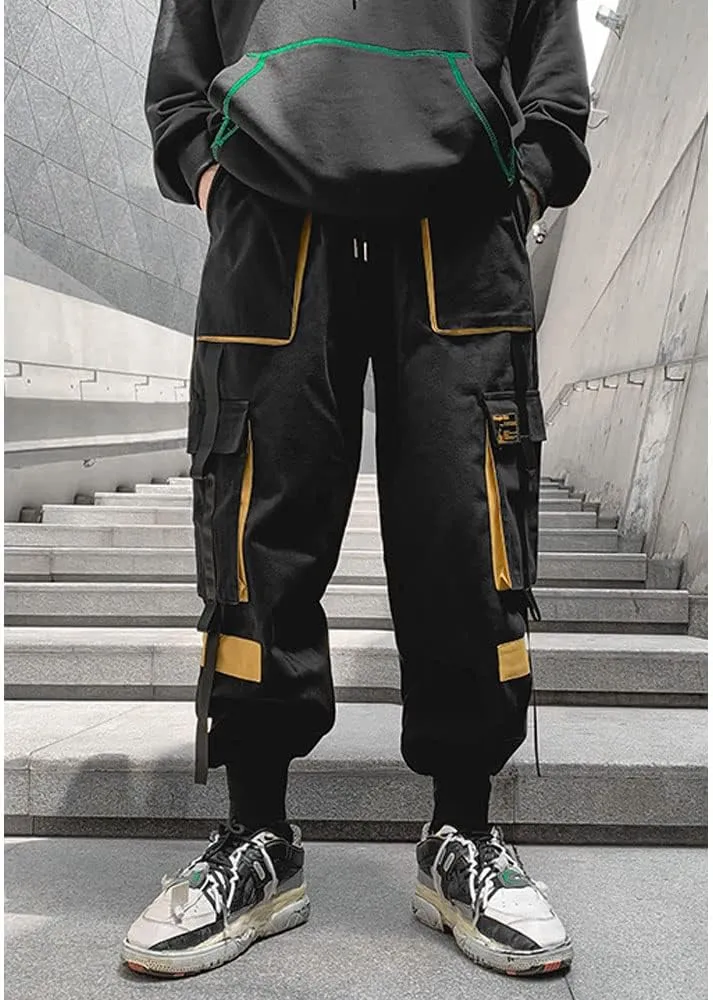 Astellarie Mens Techwear Elastic Waist Jogger Cargo Pants Streetwear Hip Hop Harem Pants with Multi Pockets