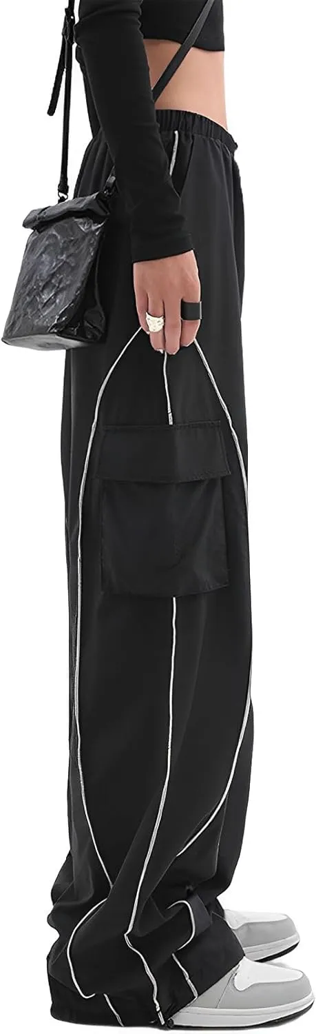 Baggy Cargo Pants for Women Elastic Waist Y2K Parachute Track Pants Trendy Casual Sports Wide Leg with Pockets
